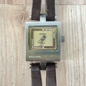 Vintage Diesel ladies rectangular silver tone brown leather watch NEW BATTERY
